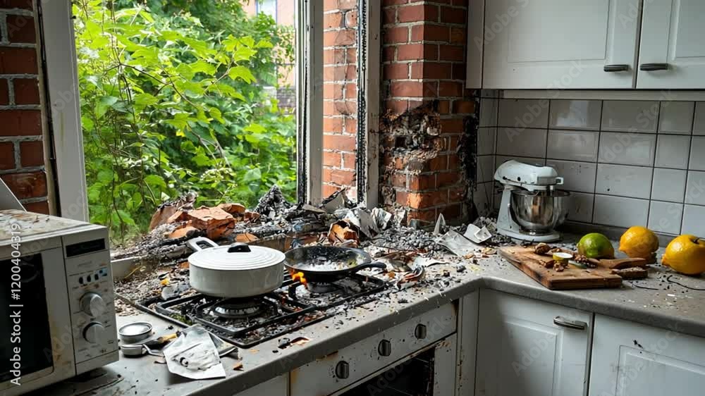 A messy kitchen with a burnt stove, debris, and a view of greenery outside.