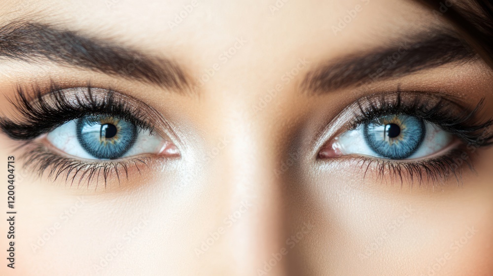 Fototapeta premium Stunning Close-Up of Captivating Blue Eyes with Defined Eyebrows and Lush Lashes, Beauty and Elegance