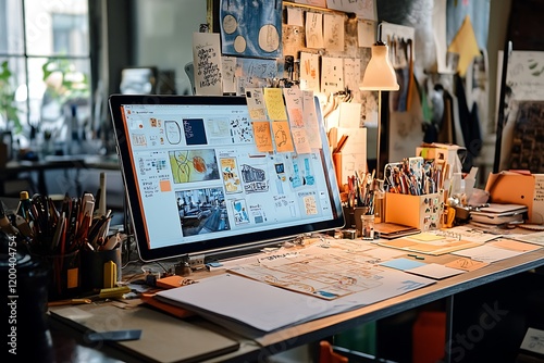 Wallpaper Mural Creative workspace with computer displaying design project, surrounded by art supplies and sketches. Torontodigital.ca