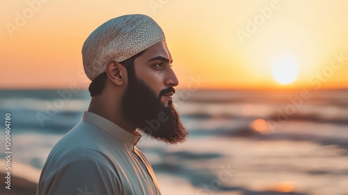 A Muslim man contemplates at sunset by the sea photo