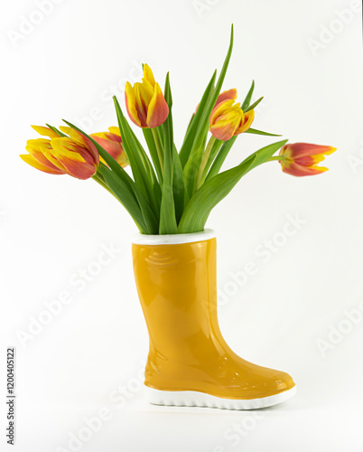 blumenstrauß, tulpen, gelb, rot, vase, gummistiefel, blumen, frühling, april, märz, mai, frühlingswetter, aprilwetter, regen, sonne, blüten, natur, aufblühen, pflanze, blumenvase, blumenstrauss, schön