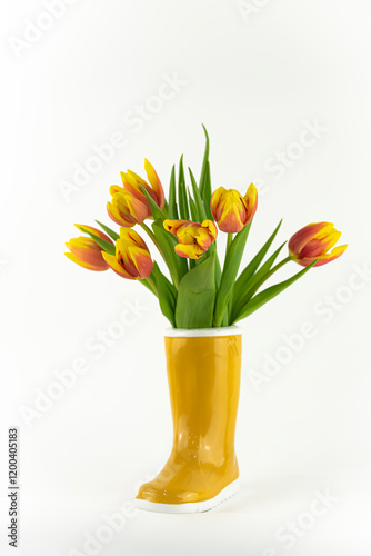 isolierter Blumenstrauß aus Tulpen in einer gelben Vase in Gummistiefelform als Konzept für Frühlings- oder Aprilwetter, weißer Hintergrund photo