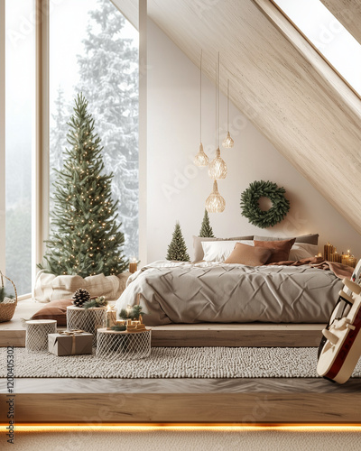 A bedroom decorated with Christmas lights and wreaths, a bed in the center of the frame, a large green blanket on top, a wooden headboard, a wall painted in a dark beige color, a large Christmas tree 