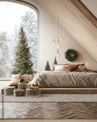 A bedroom decorated with Christmas lights and wreaths, a bed in the center of the frame, a large green blanket on top, a wooden headboard, a wall painted in a dark beige color, a large Christmas tree 
