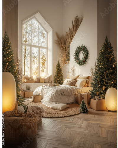 A bedroom decorated with Christmas lights and wreaths, a bed in the center of the frame, a large green blanket on top, a wooden headboard, a wall painted in a dark beige color, a large Christmas tree 