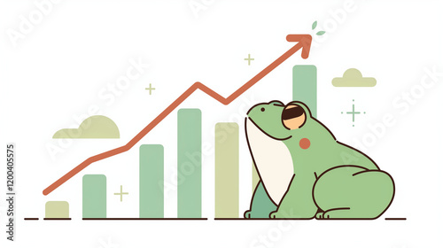 a frog watching the stock market arrow go up. cute simple clear line art style