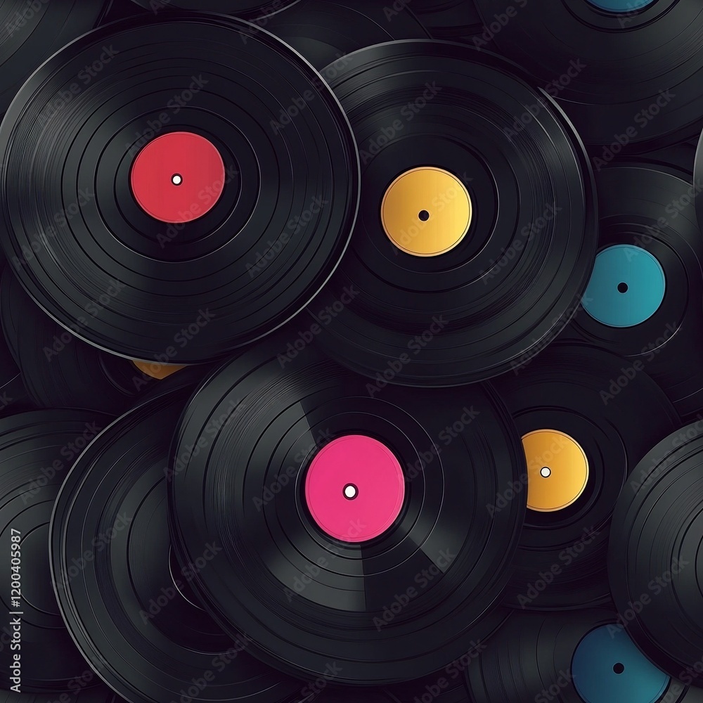 Seamless pattern of retro vinyl records in vibrant colors creating a classic music-inspired design for art projects Seamless pattern of retro vinyl records in vibrant colors creating a classic music-inspired design for art projects