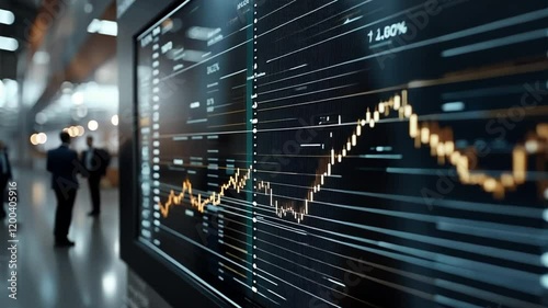 A digital display of a stock market chart showing fluctuating trends and data points.