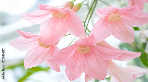 Delicate pink flowers with soft petals create serene atmosphere in nature