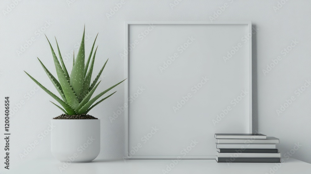 Modern Minimalist Interior Design with Aloe Vera Plant, White Frame, and Stack of Books Modern Minimalist Interior Design with Aloe Vera Plant, White Frame, and Stack of Books