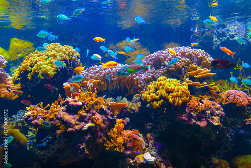 Obraz na płótnie Vibrant underwater scene featuring a variety of colorful fish swimming around diverse coral formations. The corals exhibit different shapes and textures, creating a rich and dynamic marine environment w salonie