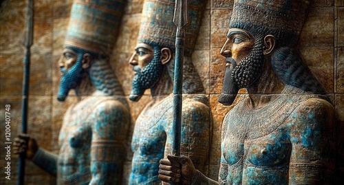 Ancient Assyrian Warriors Relief Sculpture Historical Study on Civilizations of Mesopotamia Babylon Sumer Artefacts photo