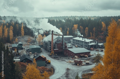 Factory chimneys release pollutants into the air of a green field photo