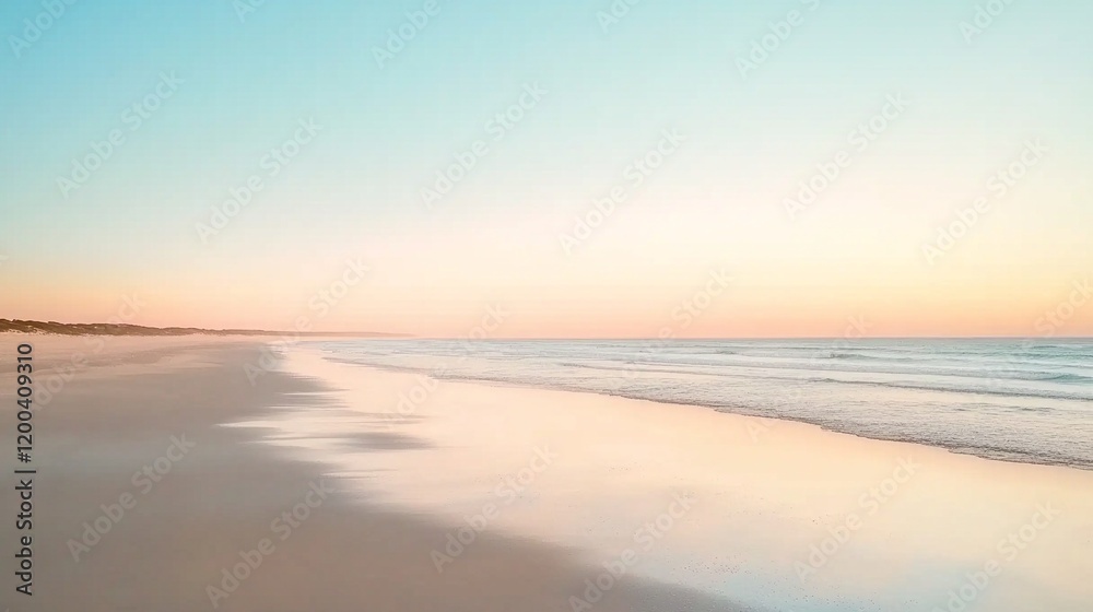 Serene stock photo of a tranquil sandy beach with calm ocean waves during a vibrant sunrise Serene stock photo of a tranquil sandy beach with calm ocean waves during a vibrant sunrise