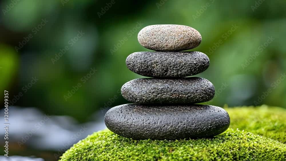 A serene stack of stones resting on moss, symbolizing balance and tranquility. A serene stack of stones resting on moss, symbolizing balance and tranquility.
