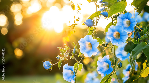 beautiful photograph of blue flowers illuminated by sunlight, creating dreamy atmosphere
