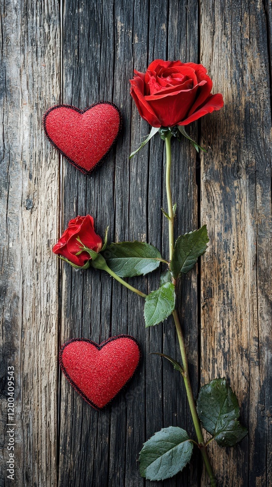 Fototapeta premium A rustic wooden table showcases three vibrant red hearts alongside a delicate rose, evoking a romantic ambiance perfect for Valentine's Day.