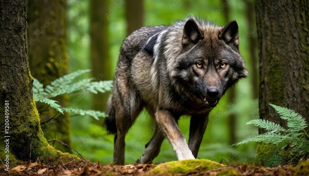 Intriguing Gray Wolf Stalking in Lush Forest Intriguing Gray Wolf Stalking in Lush Forest