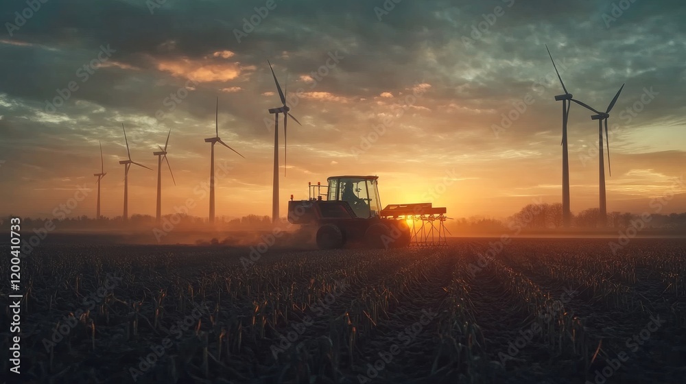 Fototapeta premium A futuristic seeding machine working in a field surrounded by towering wind turbines at first light, The ultra detailed