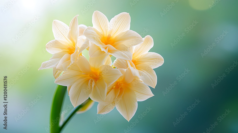 Naklejka premium macro shot of delicate golden orchids with soft yellow petals, showcasing their beauty against blurred green background
