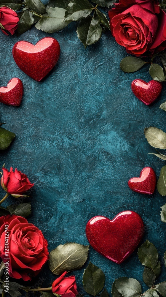 Fototapeta premium A stunning arrangement of vibrant roses and delicate hearts forms a beautiful heart shape against a soothing blue backdrop, radiating love and affection.