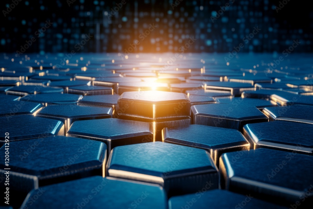 Obraz premium A futuristic close-up view of a hexagonal metallic surface, illuminated by a central glowing light, creating a dynamic and technological atmosphere.