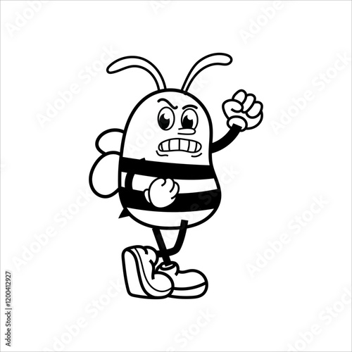 Cute and fun retro rubber hose bee cartoon character vector illustration. Cool and fun black and white bee character print design.