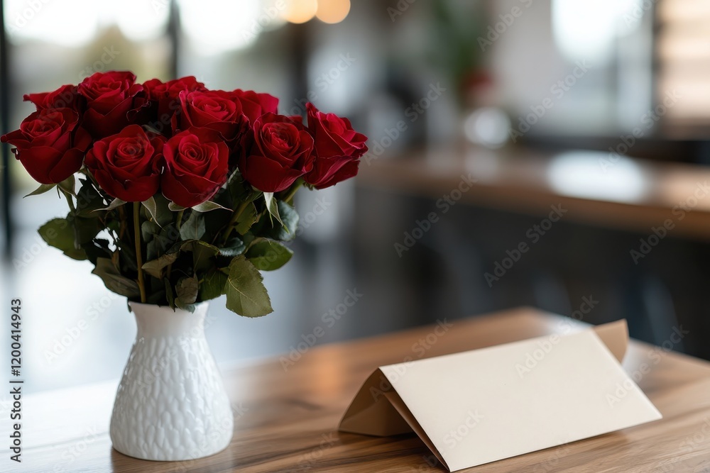 Obraz premium A beautiful arrangement of red roses sits beside an unopened envelope on a wooden table, symbolizing love, romance, and the anticipation of a heartfelt message.