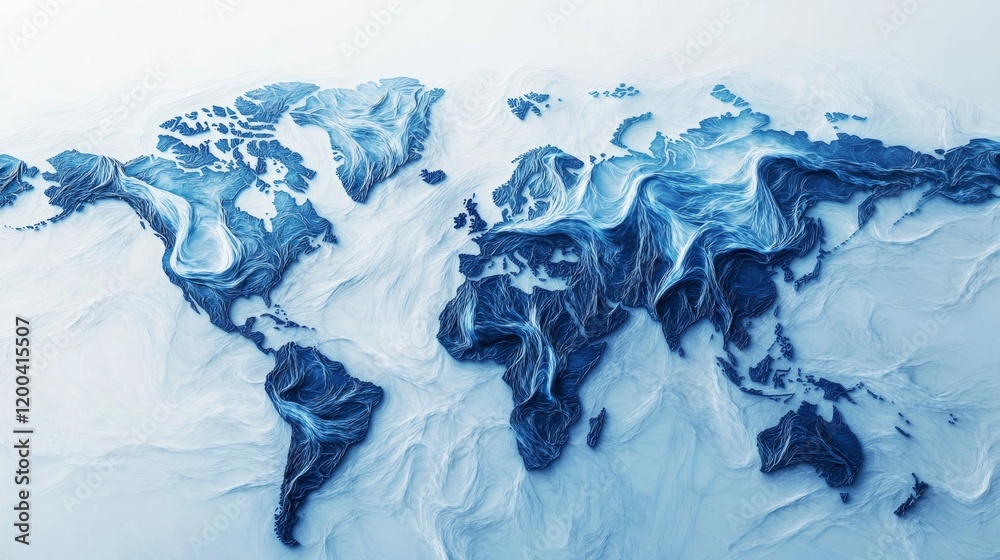 Obraz premium Design an ultra-detailed image of a world map where financial data flows across the continents like rivers, forming a network of global finance