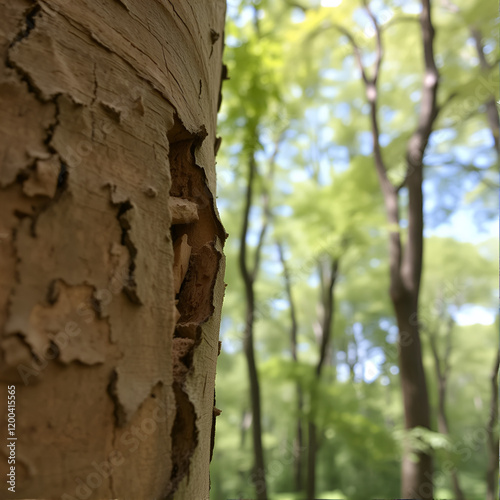 Cork oak tree trunk (Quercus suber L.), close enough to see the details and the separation between the bark and the product. In summer day, with foliage and forest trees around. Raw material. photo