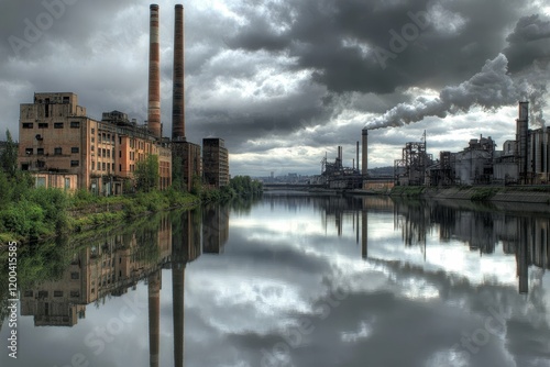 A silhouette of a factory with chimneys billowing heavy smoke photo