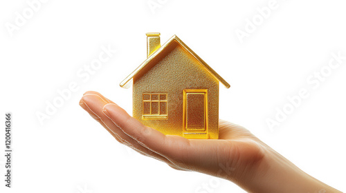 a hand gently holding a small. golden house model. symbolizing home ownership and real estate the bright. white background emphasizes the house's shiny surface. conveying a sense of value and aspirati photo