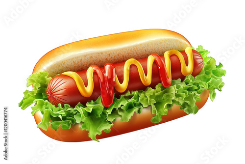 delicious hot dog nestled in a soft bun. topped with vibrant mustard and ketchup. and accompanied by fresh. crisp lettuce it represents a popular food item often enjoyed at picnics. barbecues. and spo photo