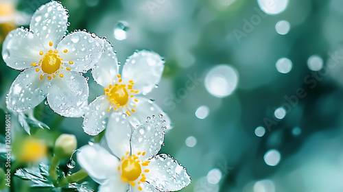 Delicate white flowers with yellow centers glisten with raindrops, creating serene and refreshing atmosphere