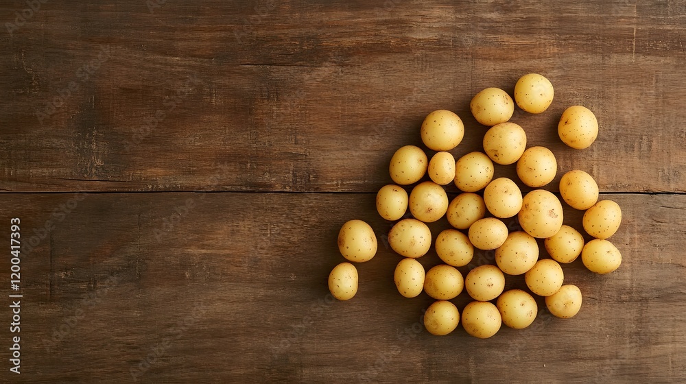 Yellow potatoes on wooden table, overhead shot. Food photography for recipe or blog Yellow potatoes on wooden table, overhead shot. Food photography for recipe or blog