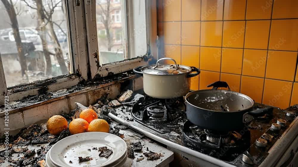 A messy kitchen with burnt pots, dirty dishes, and oranges, suggesting a cooking mishap.