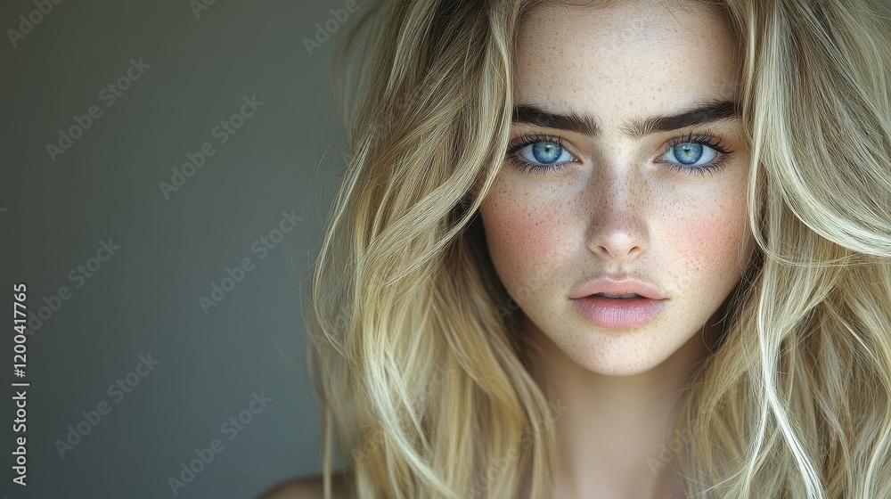 Naklejka premium A young woman with long blonde hair and captivating blue eyes poses confidently. She has a natural look with minimal makeup, enhancing her freckled complexion in soft lighting