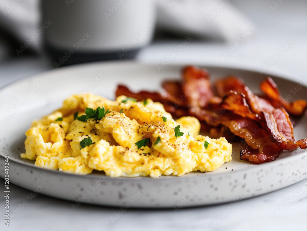 Scrambled Eggs and Crispy Bacon Breakfast Delight: A Classic Morning Meal