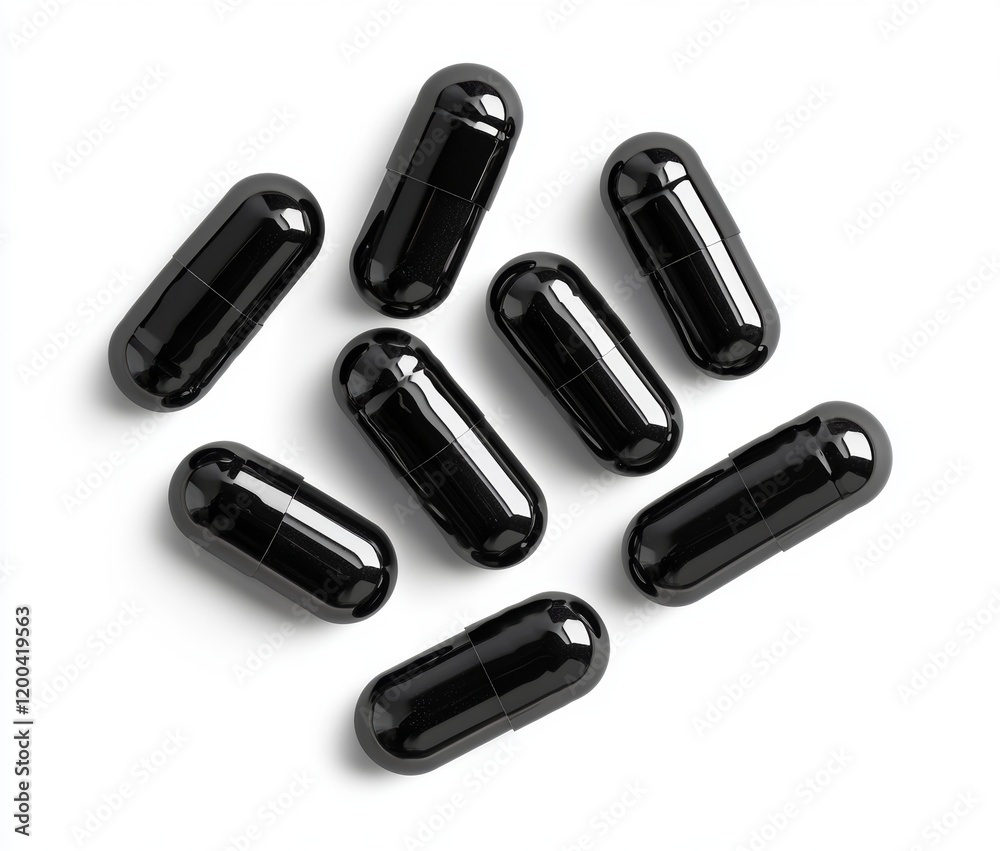 Flying pills composed of activated carbon resting on a white background Flying pills composed of activated carbon resting on a white background