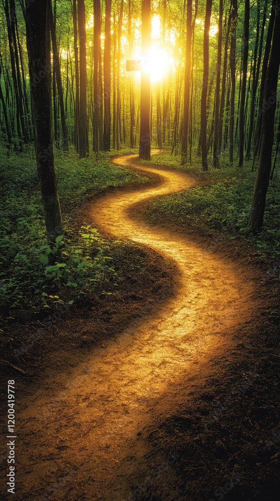 Naklejka premium Winding forest path sunset; nature, journey, peace