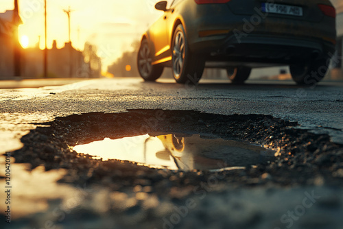 Car driving near a pothole on sunny asphalt roadway
