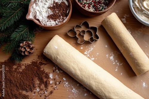 A cozy kitchen scene showcases baking materials and decorative elements, promising a festive atmosphere filled with the aromas of homemade winter treats. photo