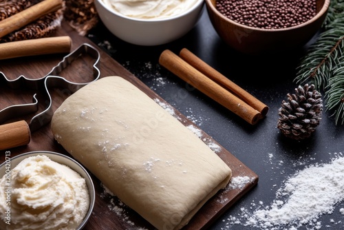 A dark-themed baking setup showcasing rolled dough, creamy frosting, and rustic elements, perfect for crafting delightful bakery-style cookies and confections. photo