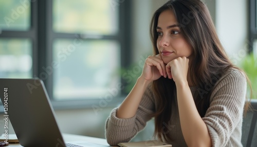 A thoughtful young woman with long, dark hair rests her chin on her hands while staring intently at her laptop in a cozy, sunlit room. The image captures a moment of reflection and focus, highlighting photo