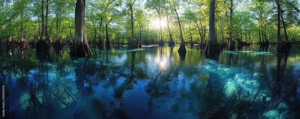 Naklejka premium Cypress trees reflect in crystal clear spring water. Sunrise scene. Nature backdrop