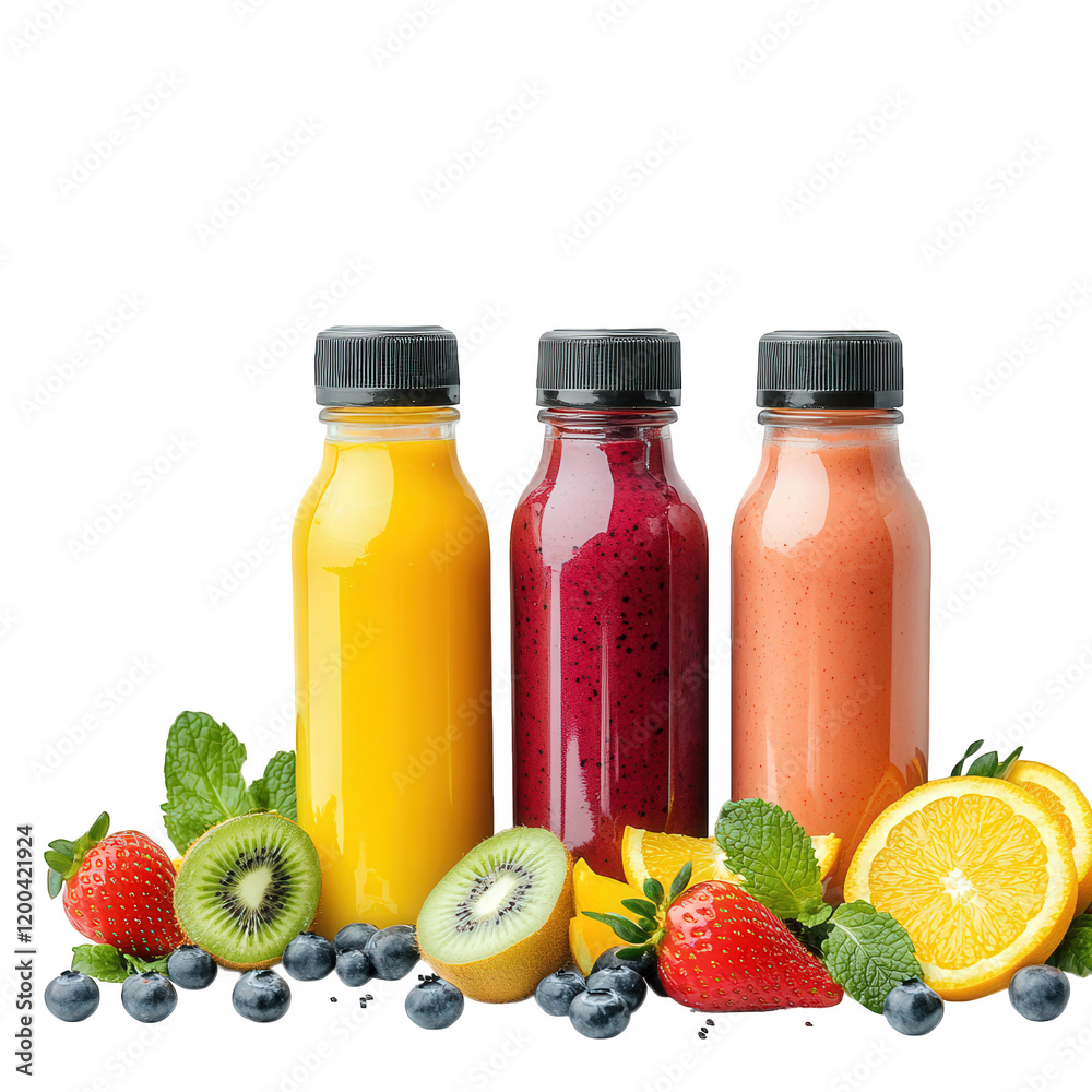three bottles of colorful fruit juices. each in a different hue. placed next to an assortment of fresh fruits like strawberries. kiwis. blueberries. and oranges the vibrant display emphasizes healthy three bottles of colorful fruit juices. each in a different hue. placed next to an assortment of fresh fruits like strawberries. kiwis. blueberries. and oranges the vibrant display emphasizes healthy
