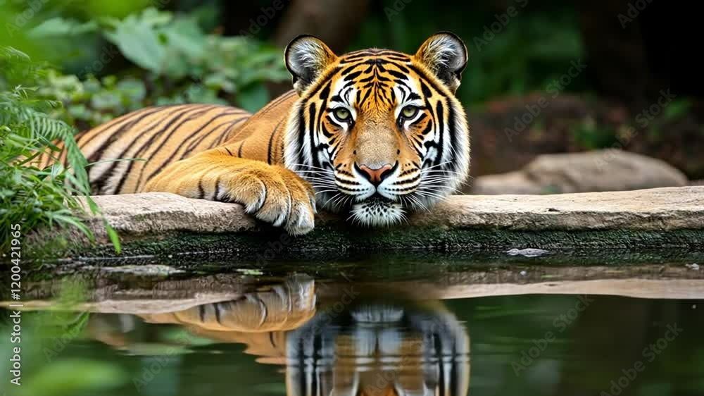 A tiger resting by a tranquil water pool, reflecting its image in the calm surface. A tiger resting by a tranquil water pool, reflecting its image in the calm surface.