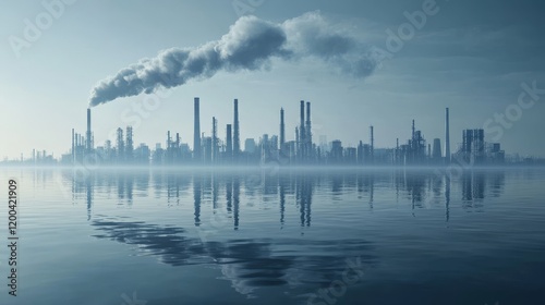 Over a calm lake, four industrial smokestacks belch black smoke into the air