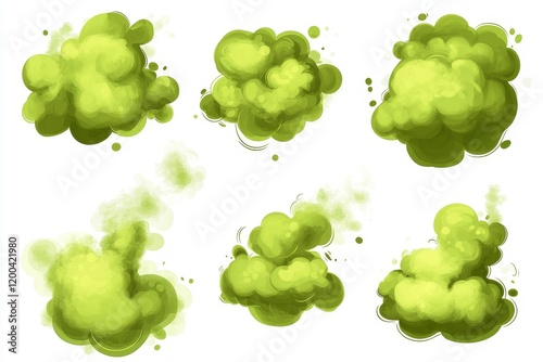 Bundle of smelly smoke mega set elements in flat graphic design featuring green poison clouds with trails, toxic gas bubbles, cartoon bad stink, and an unpleasant smell vapor effect