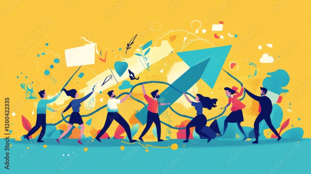 Fototapeta premium Flat design, 2D illustration of a group of businesspeople pulling a large upward arrow with ropes